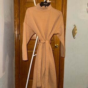 Tan Turtleneck Sparkly Belted Dress